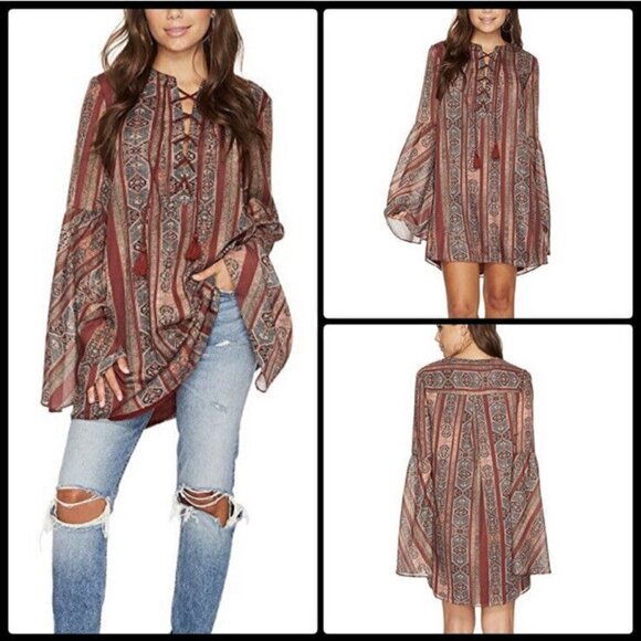 The Jetset Diaries TJD Redwood Tunic Dress Aztec Boho Bell Sleeve Size 8 - Picture 1 of 9